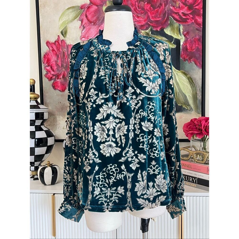 Fate Women's Floral Burnout Velvet Ruffle Tie Neck Blouse Top Teal Size Medium